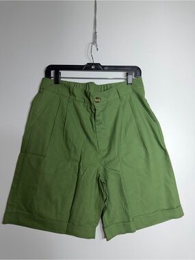 Ouku Women’s Chino Shorts M Green Cotton Linen Pleated High Rise Pockets 6"